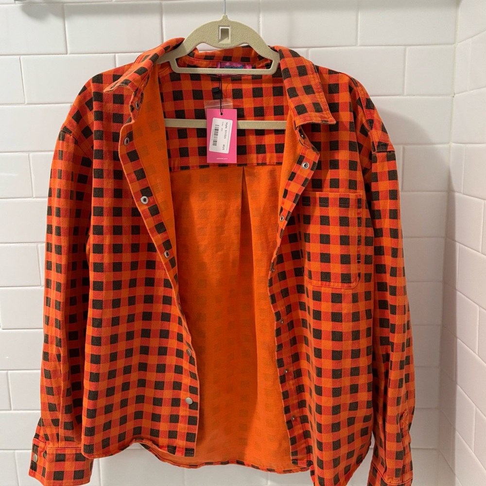 Edikted Vibrant Orange and Black Plaid Top
